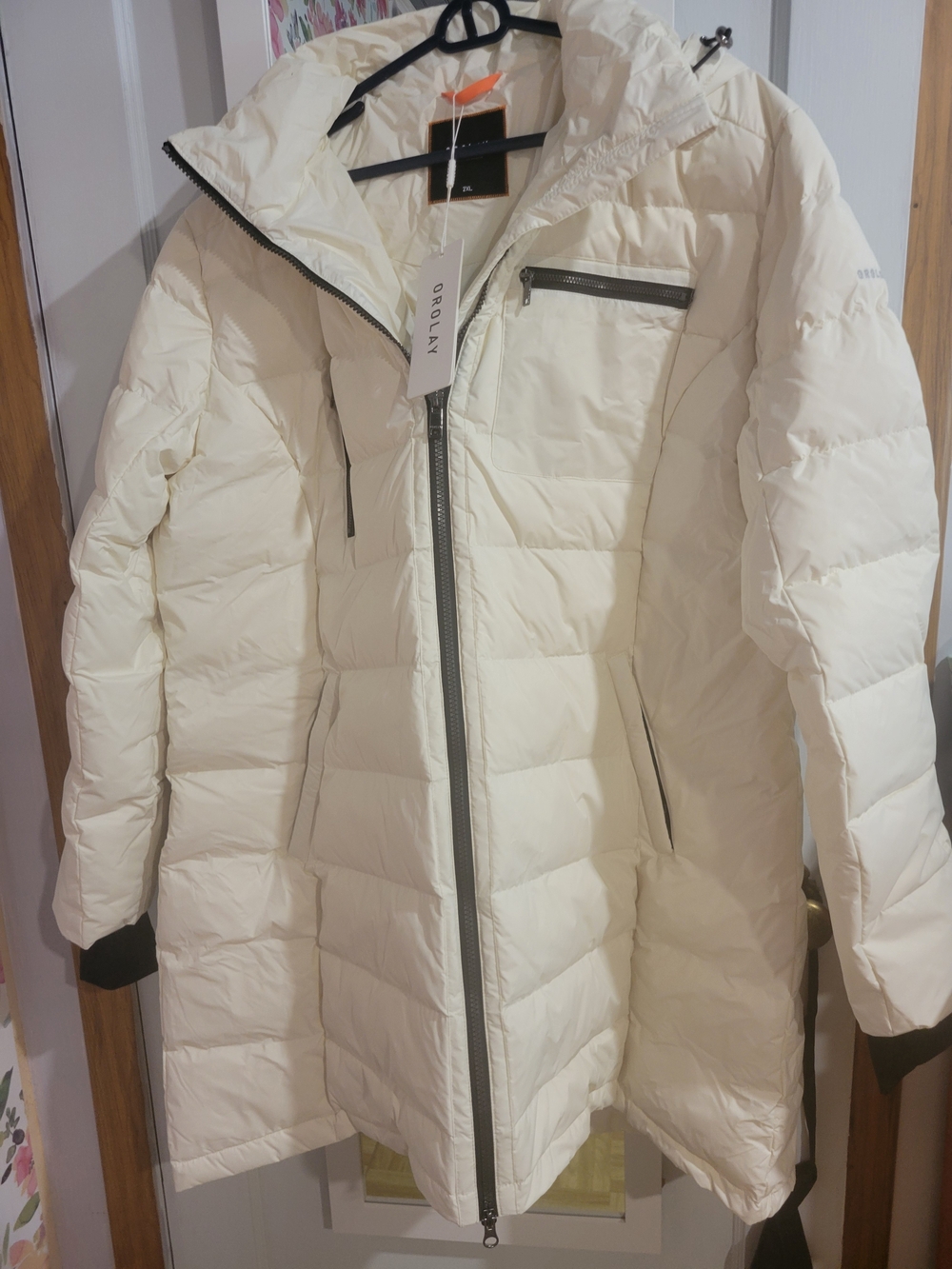OLAY Off-White Long Quilted Puffer Coat with Hood